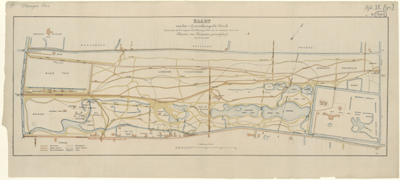 Kaart van het Haagse Bos uit 1878 aangeboden aan abonnees van het dagblad Het Vaderland. Ingekleurde ets. 