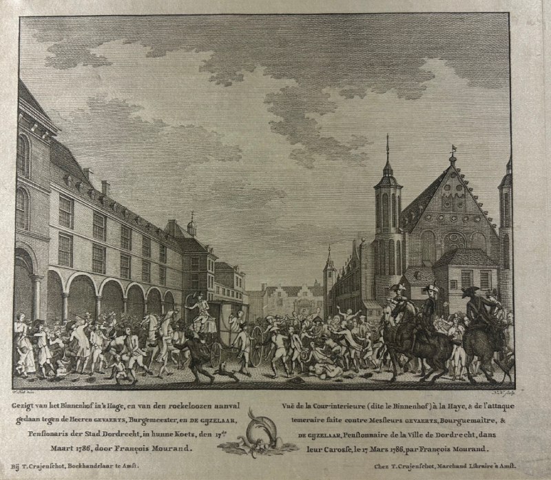 Aanslag op de gedeputeerden van Dordrecht, 1786, gravure W. Kok