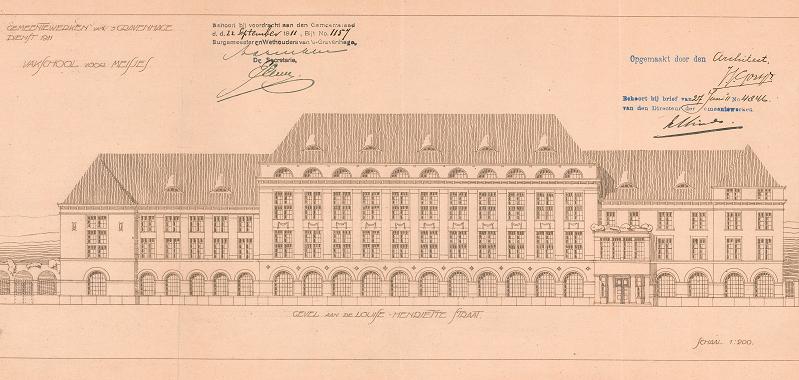 Bouwtekening vakschool voor meisjes, Louise Henriettestraat, 1911