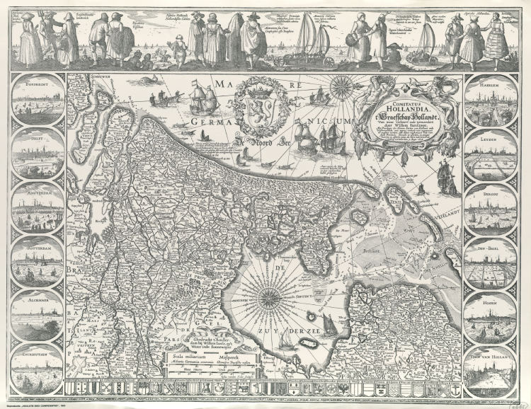 Facsimile uitgave 1951 van decoratieve kaart van Holland oorspronkelijk uit 1608 met stadsprofielen door Claes Jansz. 